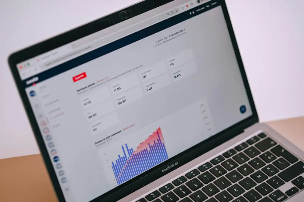A laptop screen displays data analytics, charts, and statistics, illustrating predictive decisions